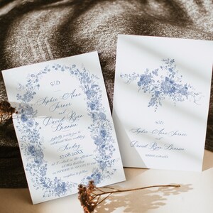 Something Blue Wedding Invitations, Monogram Wedding Suite Template, Blue Floral Wedding Save the Date Template with Photo D015