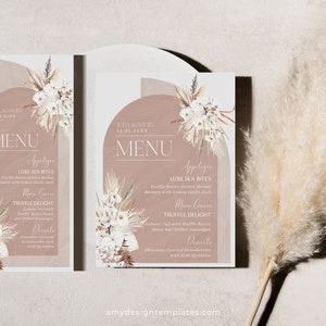 Modèle de Menu arqué bohème, modèle de Menu de mariage bohème en terre cuite, cartes de Menu de mariage bohème imprimables merci marque lieu modèle E029