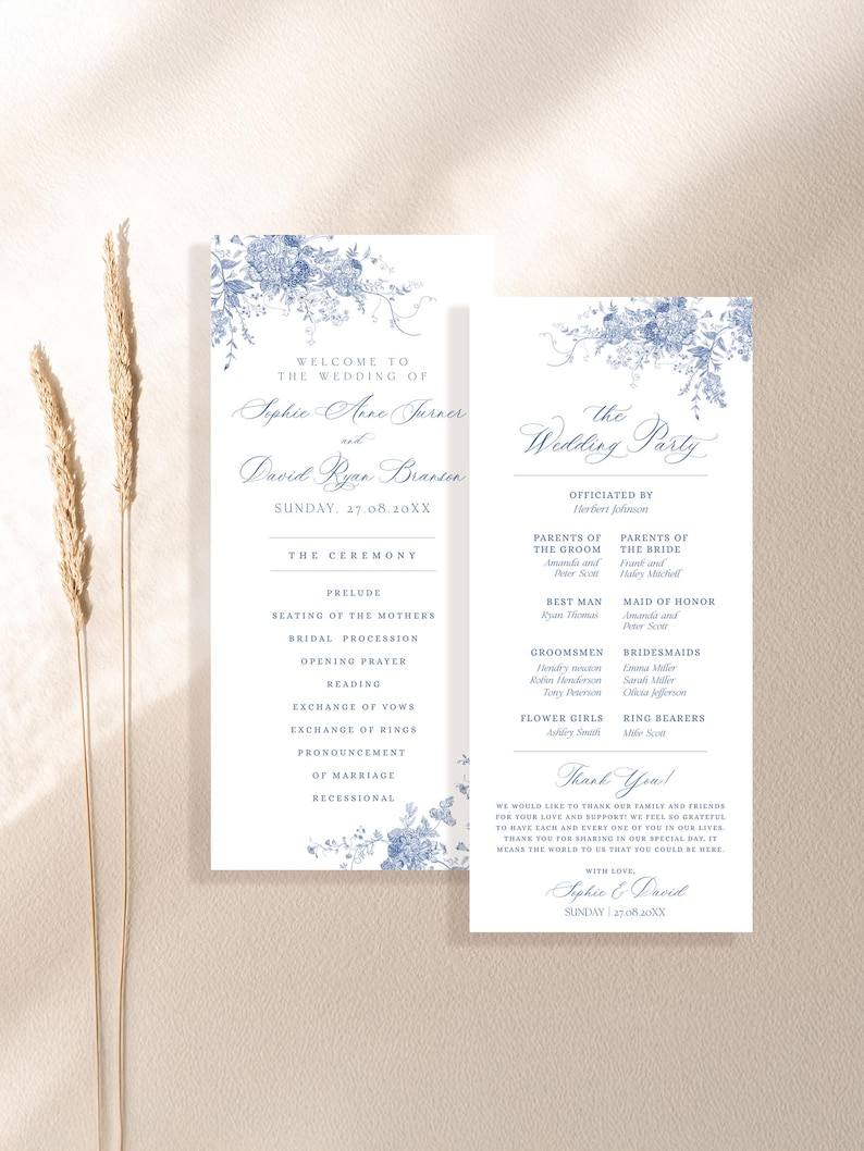 Catholic Wedding Program Template, Something Blue Wedding Programs, Ceremony Program Order of Service Template Download, Monogram Wedding D015