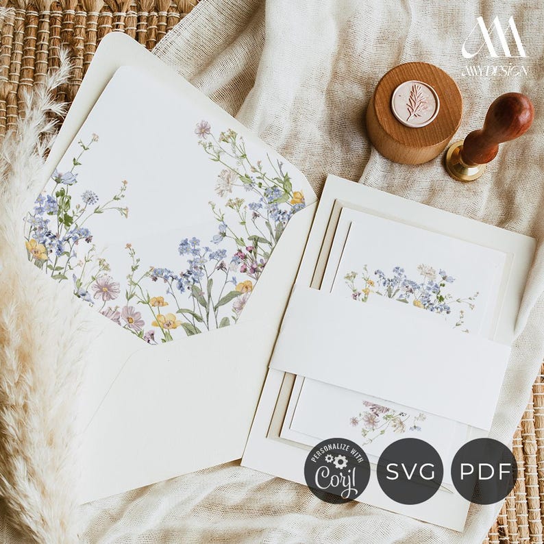 Wildflower Envelope Liner Template, DIY Envelope Liner A7 Euro Flap, Square Flap Envelope Liner Template Wedding Printable Bundle