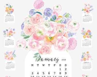 Pastel Ranunculus Vase Desk Calendar Monthly Printable2027 2028, Monthly Cards Digital Download, Soft Floral Bouquet DIY Paper Craft