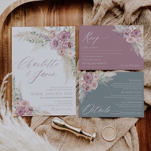 Boho Dusty Rose Wedding Invitation Set: Pampas Grass
