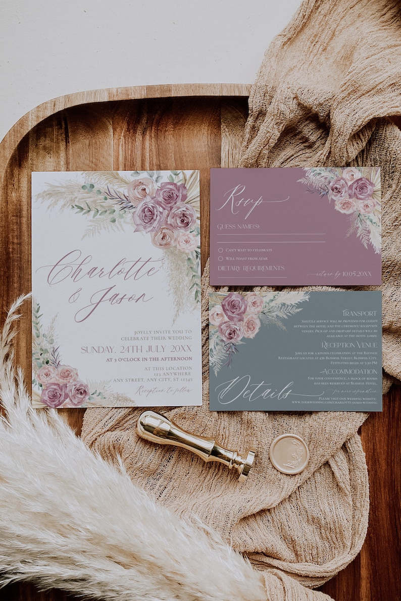 Boho Dusty Rose Wedding Invitation Set: Pampas Grass