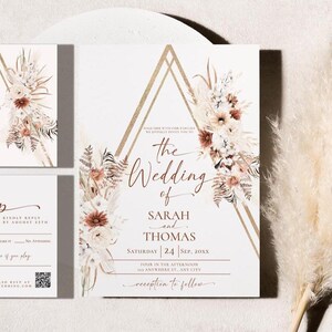 Boho Wedding Invitation Suite Template, Terracotta Wedding Invite QR Code, Elegant Fall Wedding Set Template, Bohemian Rust Terracotta E071
