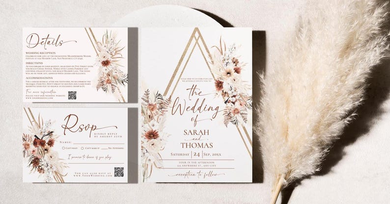Boho Wedding Invitation Suite Template, Terracotta Wedding Invite QR Code, Elegant Fall Wedding Set Template, Bohemian Rust Terracotta E071