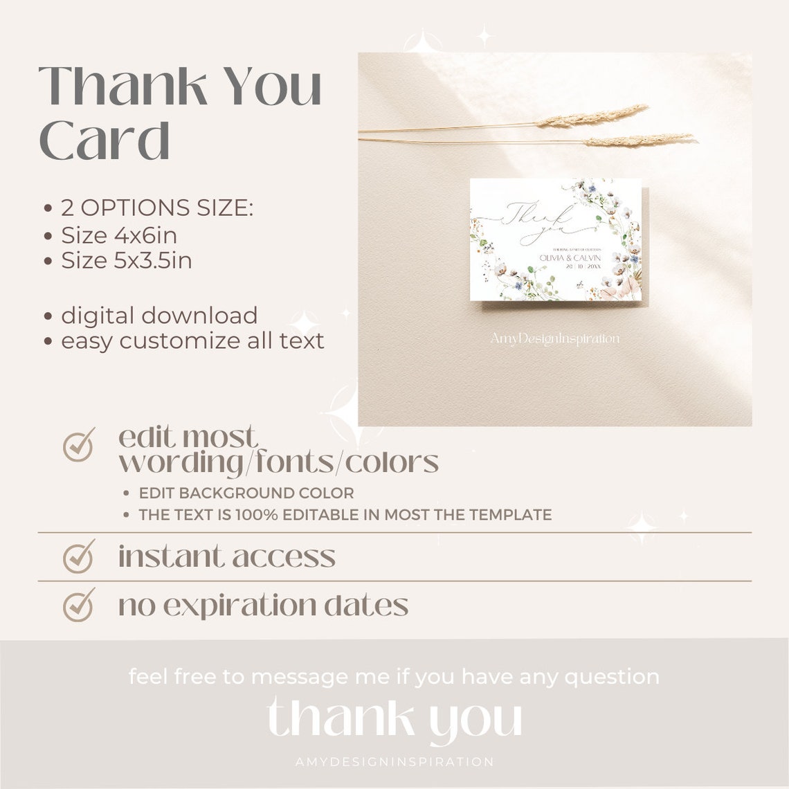 Thank You Card Template Wildflower Favor Card Thank You Gift Etsy