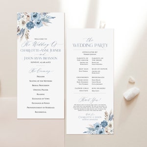 May include: A wedding ceremony program with a blue and white floral design. The program includes the order of events for the ceremony, the wedding party, and a thank you message from the couple. The text on the program reads "The Wedding of Charlotte Anne Turner and Jason Ryan Branson, Sunday, 07.08.20XX".