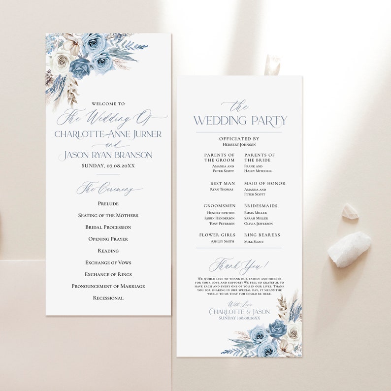 May include: A wedding ceremony program with a blue and white floral design. The program includes the order of events for the ceremony, the wedding party, and a thank you message from the couple. The text on the program reads "The Wedding of Charlotte Anne Turner and Jason Ryan Branson, Sunday, 07.08.20XX".