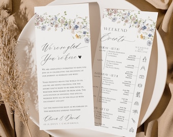 Peut inclure: Une invitation de mariage avec un motif floral et un calendrier des événements du week-end. L'invitation comprend les noms du couple, "Olivie & David", et la date "10.11.20XX". Le calendrier comprend des événements tels que la répétition du mariage, la cérémonie, la réception et le brunch.