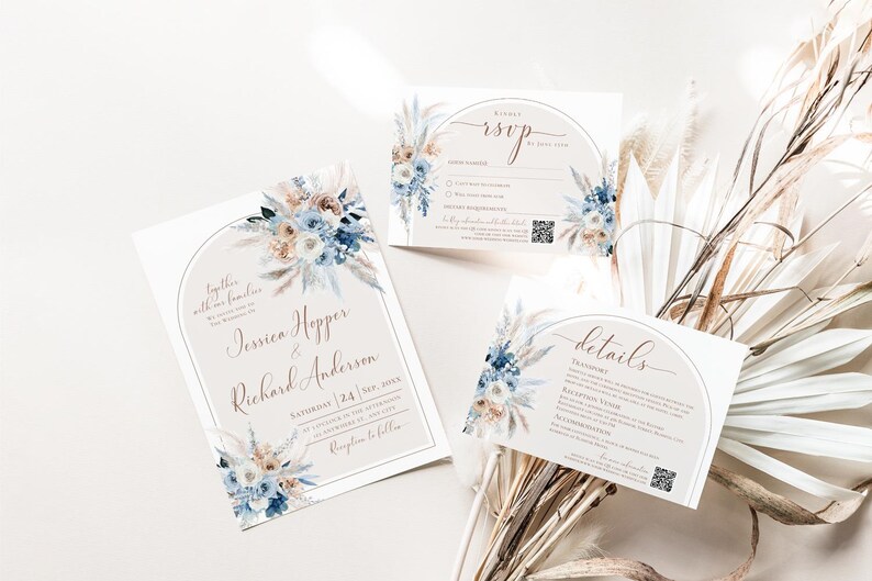 May include: A wedding invitation suite featuring a main invitation, an RSVP card, and a details card. Each piece displays an arched frame, floral illustrations in shades of blue and beige, and elegant script text for Jessica Hopper and Richard Anderson.