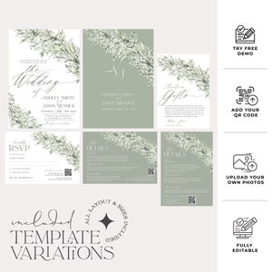 May include: A wedding invitation template with a green and white floral design. The template includes a save the date card, RSVP card, details card, and a card for gifts. The text on the cards reads "The Wedding of Ashley Smith and Jason Mesnick, Saturday 24, 20xx".