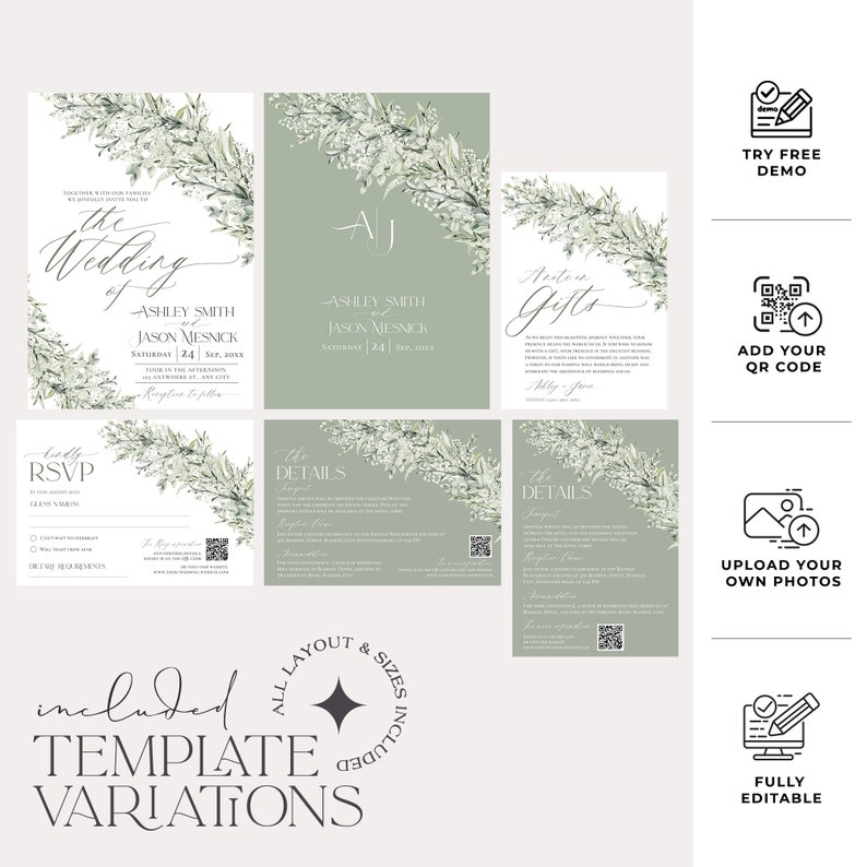 May include: A wedding invitation template with a green and white floral design. The template includes a save the date card, RSVP card, details card, and a card for gifts. The text on the cards reads "The Wedding of Ashley Smith and Jason Mesnick, Saturday 24, 20xx".
