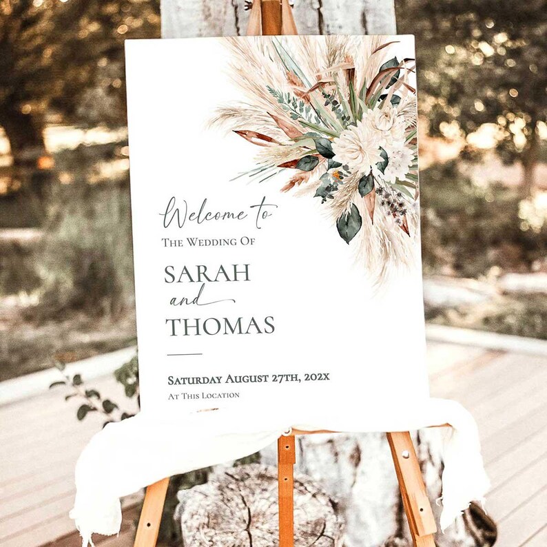 Rustic Greenery Welcome Sign Template, Wedding Welcome Signs, Large Signage Templates Printable Pampas Grass E008