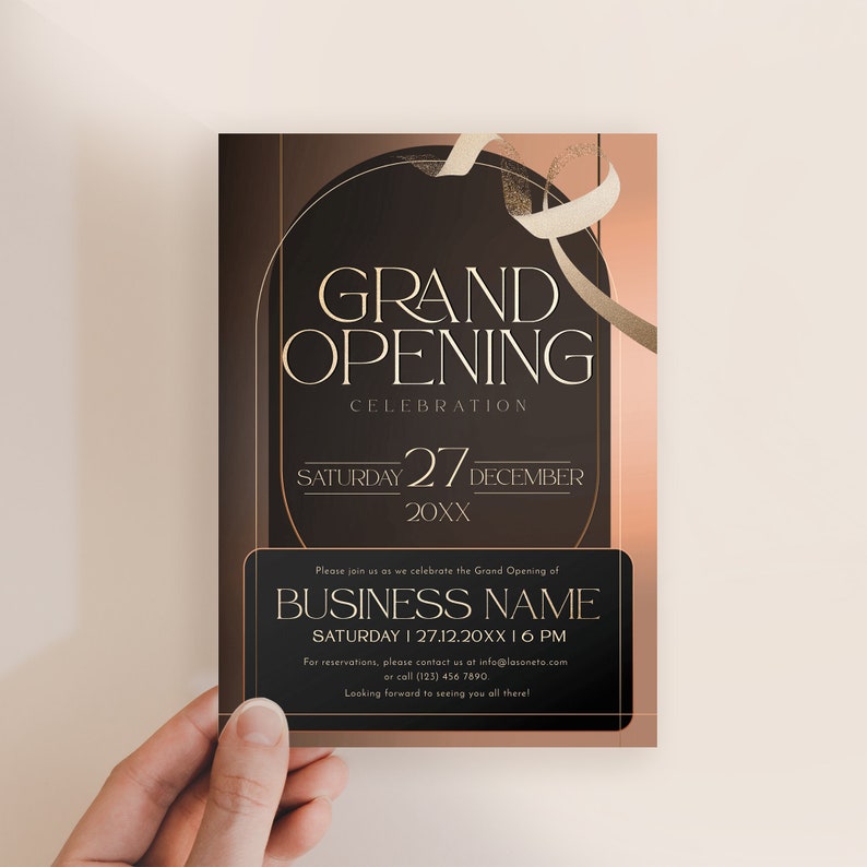 Editable modern grand opening invitation template with minimalist layout arched style, ideal for corporate launch parties and business events.