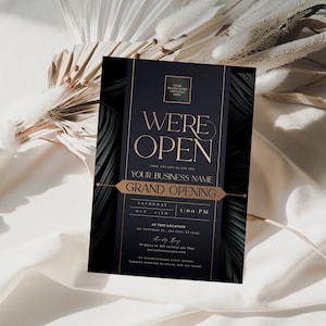 Sleek “We’re Open” invitation template in a minimalist business style, fully editable digital file for professional branding.