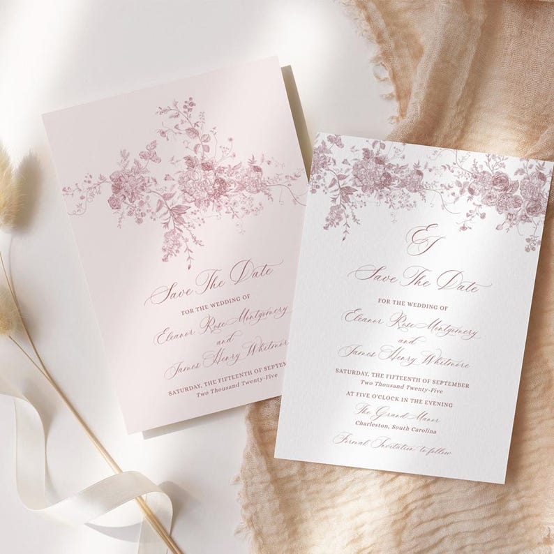 Minimal Wedding Save The Date Card Template, Mimimalist Save Our Dates Card, Pink Floral Monogram Wedding Save The Date Printables D031