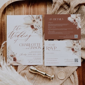 Modèle de faire-part de mariage rustique bohème avec code QR, modèle de réservation de date pour mariage d'automne, modèle de cartes RSVP suite de mariage en terre cuite D011