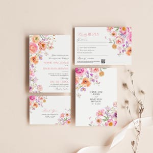 Colorful Flowers Wedding Invitation Template Editable, Spring Wedding Invitation Cards, Bright Wedding Invitation Suite Template E101