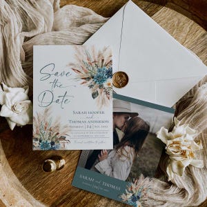 Rustic Save The Dates Card Printable, Teal Boho Wedding Save The Date Template with Photo, Custom Save The Date Wedding Templates E106