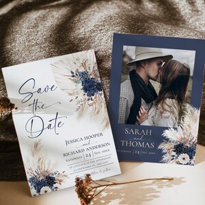 Boho Navy Blue Wedding Save the Date Cards, Navy Bohemian Wedding Save the Date Template with Photo E108