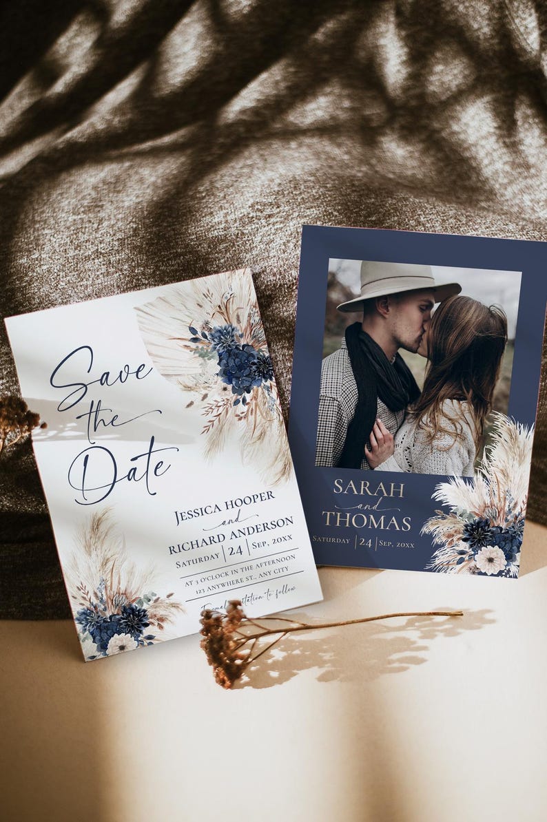 Boho Navy Blue Wedding Save the Date Cards, Navy Bohemian Wedding Save the Date Template with Photo E108