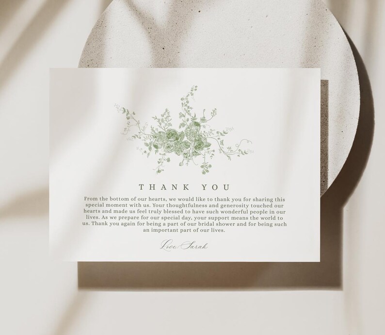 French Toile Floral Thank You Card Template, Minimalist Thank You Card Printable Template Editable, Monogram Wedding Shower Card B063