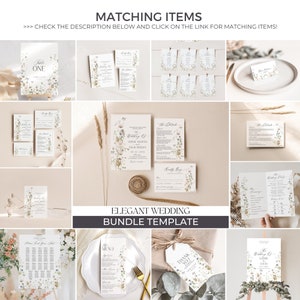 May include: Elegant wedding stationery bundle template with floral designs. Includes invitations, RSVP cards, table numbers, menus, and thank you tags. The design features a white background with delicate floral illustrations in shades of green and brown.