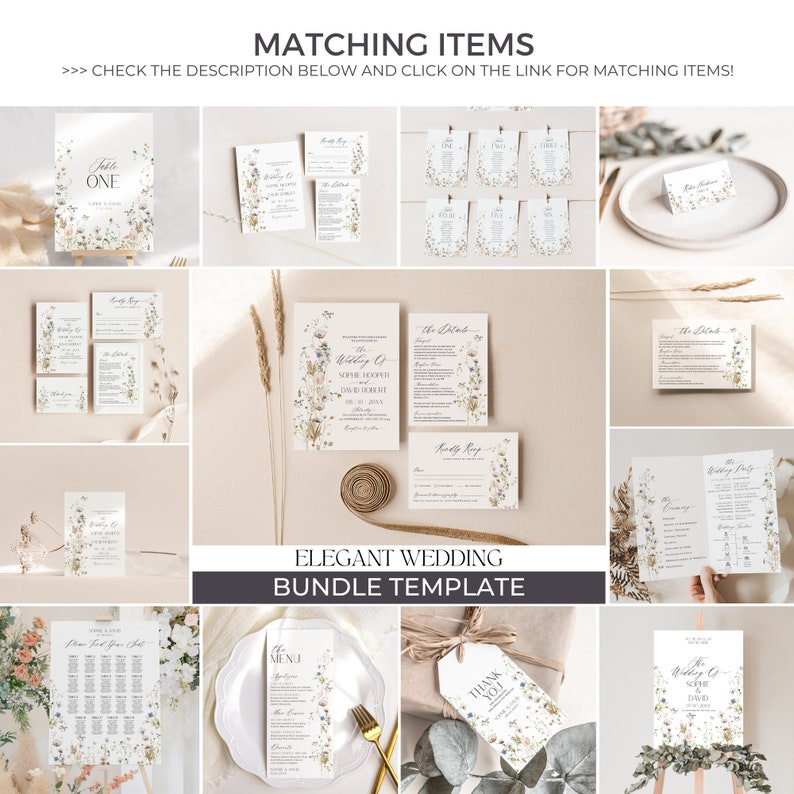 May include: Elegant wedding stationery bundle template with floral designs. Includes invitations, RSVP cards, table numbers, menus, and thank you tags. The design features a white background with delicate floral illustrations in shades of green and brown.