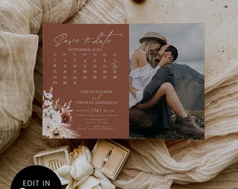 May include: A wedding invitation featuring a couple's photo, a September 2030 calendar, and floral decorations. The invitation is in brown and white tones, with the words "Save the date" in a stylish script. The text "Edit in Canva" is also visible.