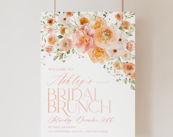 Pode incluir: Um cartaz branco com um desenho floral em aquarela em tons de pêssego e laranja. O texto diz "Bem-vindo ao Ashley's Bridal Brunch Sábado, 25 de dezembro neste local 123 Anywhere, Any St., Any City 12345".