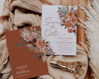 Terracotta Rust Floral Save The Date Card Template, Burnt Orange Announcement, Bohemian Fall Wedding Stationery, Double Sided Photo Card