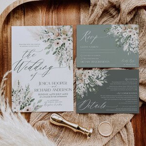 May include: A wedding invitation suite with a floral design. The invitation card is white with a floral border and the text "The Wedding of Jesica Hooper and Richard Anderson, Sunday, 24th July 20XX at 3 o'clock in the afternoon, Anywhere, Any Street, Any City". The RSVP card is gray with a floral border and the text "RSVP, Guess Name(s), Can't wait to celebrate, Will travel from afar, Dietary Requirements". The details card is gray with a floral border and the text "Reception, Transportation will be provided to and from the wedding ceremony and reception. Shuttles will depart from this location every 15 minutes prior to each event and return every half hour after each event, beginning at 3 p.m. Accommodation, We have reserved blocks of rooms at the following hotel for both you and your guests. Please make your reservations by June 1st and refer to the "Anderson/Hooper Wedding" for this special rate. 123 Anywhere Street, Any City, 123-456-7890, Please visit our wedding website for more information: www.yourweddingdomain.com/james-wedding".