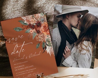Rust Terracotta Save The Date Card Template, Moody Fall Floral Marriage Announcement Card, Bohemian Burnt Orange Wedding Stationery