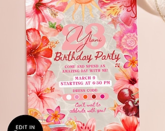 Sun-Kissed Coral Pink Tropical Birthday Invitation Card, Cocktail Invite, Hibiscus Crab Theme, Canva Edit Template