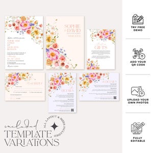 Floral Garden Wedding Invitation Template Editable, Bright Floral Wedding Invitation Set, Colorful Flowers Wedding Invite