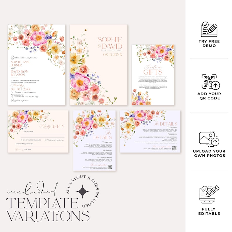Floral Garden Wedding Invitation Template Editable, Bright Floral Wedding Invitation Set, Colorful Flowers Wedding Invite