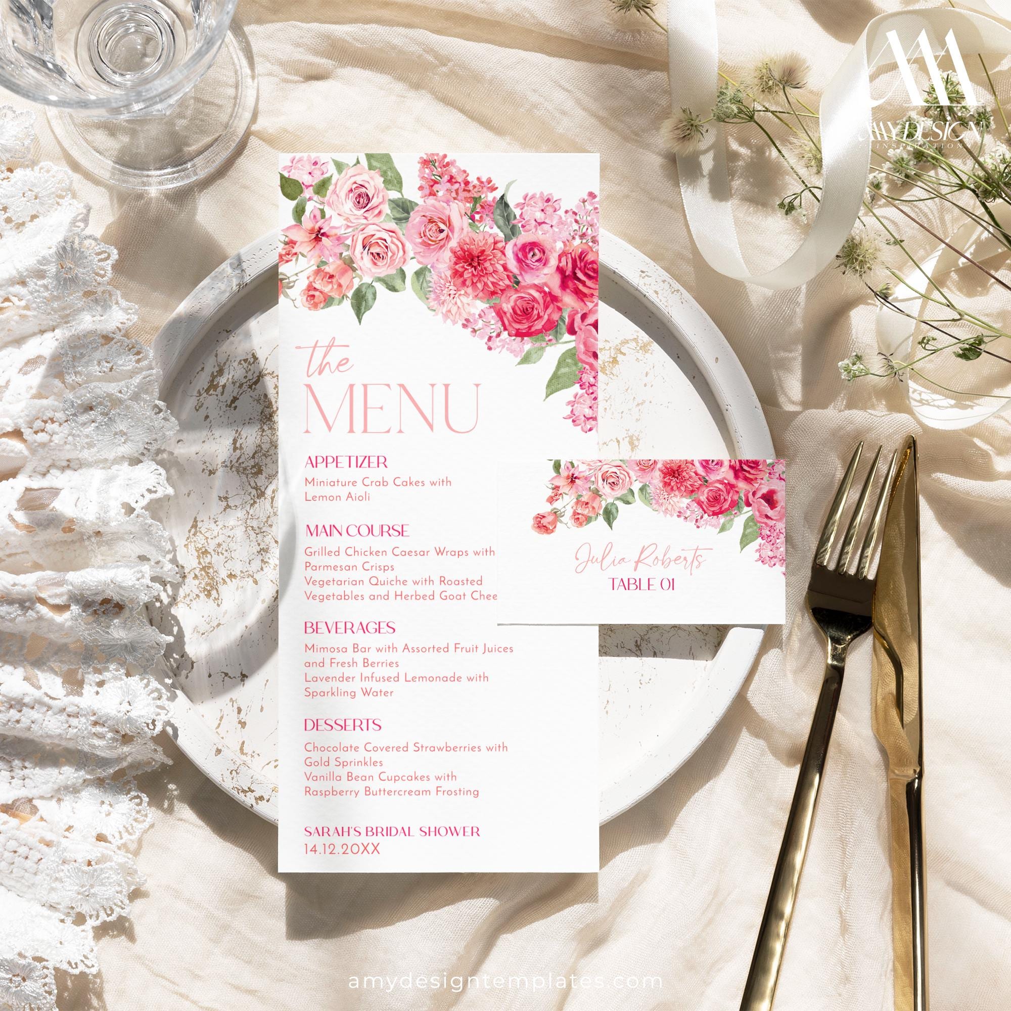 Hot Pink Brunch Menu Template, Place Cards, Editable Shower Menu Printables, Bright Floral Wedding Menu Cards B052