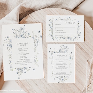 Wildflower Wedding Suite Invitation Template, Wildflower Save the Date Cards, Blue Wedding Invitation Template with Photo Printable D004