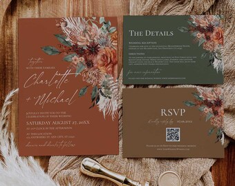 Terracotta Emerald Olive Wedding Invitation Suite, Rust Green Floral RSVP Card, Burnt Orange Marriage Stationery Set, Boho Fall Autumn