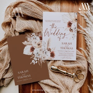 Boho Hochzeitseinladung Kartenvorlage, Terrakotta Hochzeit Einladen Vorlage, Bearbeitbare Hochzeit im Herbst Einladungskarten Printable Pampasgras D021