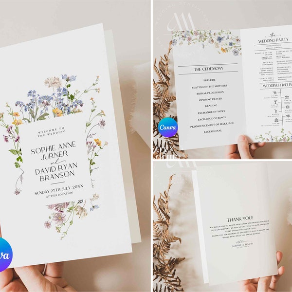 Wildflower Wedding Program Template, Modern Order of Service, Catholic Ceremony, Ceremony Program Editable Template #606