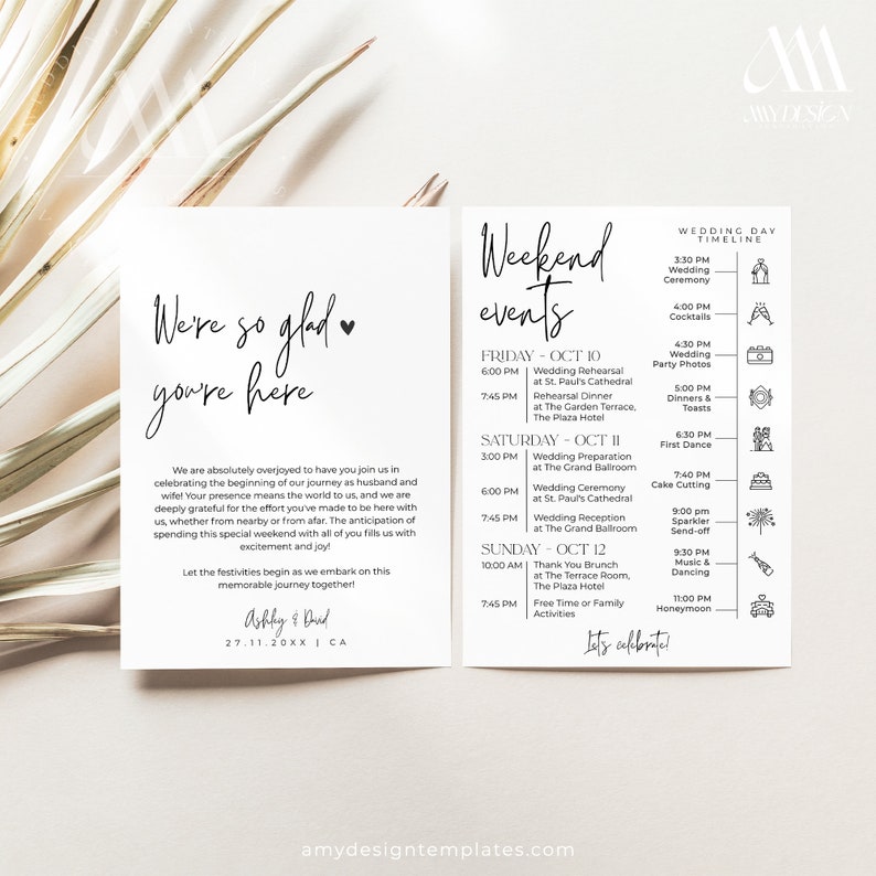 Minimalist Wedding Events Card Template, Weeding Itinerary Template, Wedding Welcome Bag Note, Schedule Events Timeline Editable image 5