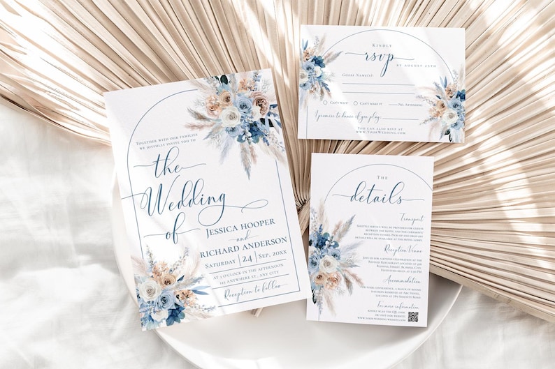 May include: Wedding invitation suite with a blue and white floral design. The invitation features the text "the wedding of Jessica Hooper and Richard Anderson". The RSVP card includes a section for guests to indicate their attendance and meal preference. The details card provides information about the ceremony and reception.