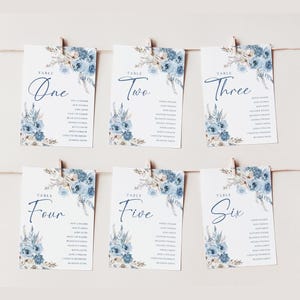 Tarjetas para planos de asientos en azul polvoriento, plantilla para planos de asientos estilo boho, plantilla para planos de asientos de mesas de boda en azul, tarjetas para asientos D018
