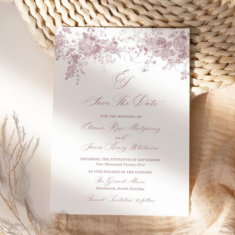 Minimal Wedding Save The Date Card Template, Mimimalist Save Our Dates Card, Pink Floral Monogram Wedding Save The Date Printables D031