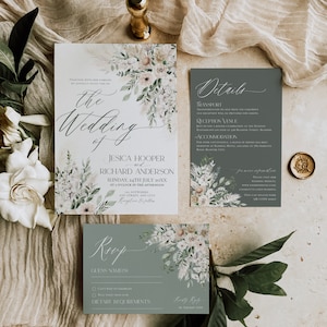 May include: A wedding invitation suite with a floral design. The main invitation card features a watercolor floral illustration with a white background and the text "The Wedding of Jessica Hooper and Richard Anderson". The details card has a gray background with white text and includes information about the ceremony, reception, and accommodation. The RSVP card has a light blue background with a floral design and a section for guests to provide their names and dietary requirements.