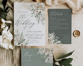 Invitación de boda con temática bohemia: Pampas verde salvia (imprimible y editable)