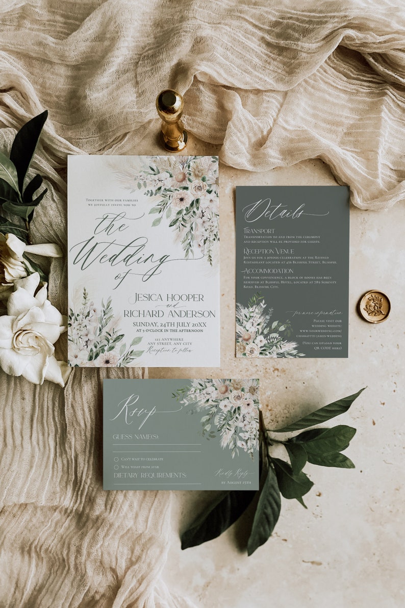 May include: A wedding invitation suite with a floral design. The main invitation card features a watercolor floral illustration with a white background and the text "The Wedding of Jessica Hooper and Richard Anderson". The details card has a gray background with white text and includes information about the ceremony, reception, and accommodation. The RSVP card has a light blue background with a floral design and a section for guests to provide their names and dietary requirements.