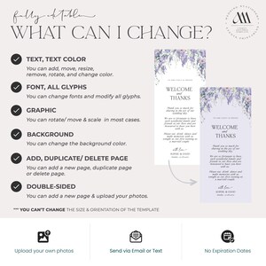 May include: A digital wedding stationery template featuring a floral header with purple wisteria. The text reads WHAT CAN I CHANGE? and lists editable features including text, fonts, graphics, background, pages, and double-sided options.