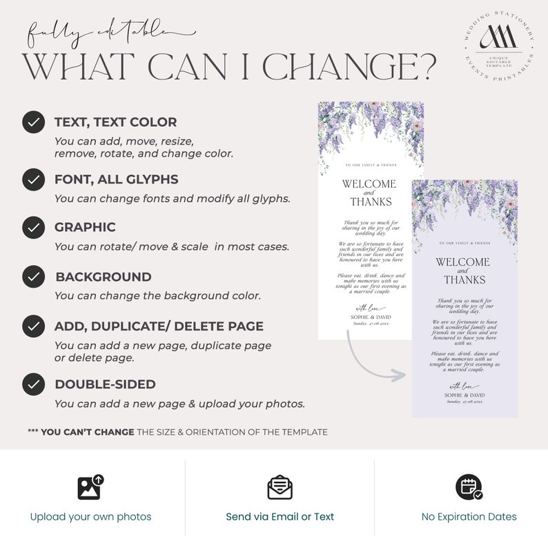 May include: A digital wedding stationery template featuring a floral header with purple wisteria. The text reads WHAT CAN I CHANGE? and lists editable features including text, fonts, graphics, background, pages, and double-sided options.